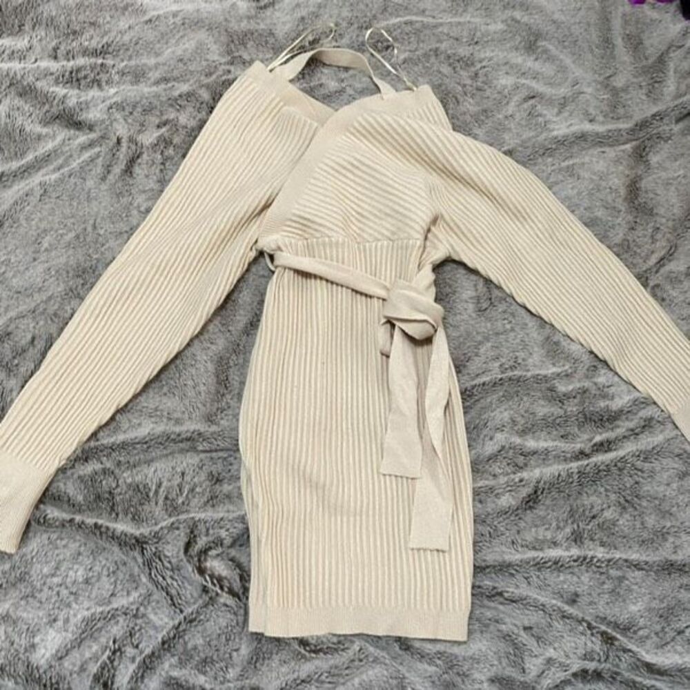 The Vintage Shop off shoulder ribbed tan mini sweater dress | Sz S - Picture 5 of 5